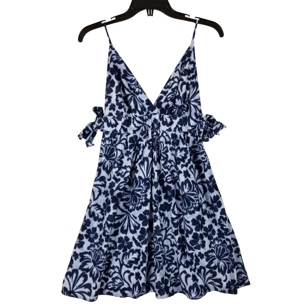 Aerie Mini Dress Women Small Blue White Floral Batik Side Tie 071-7495-1625